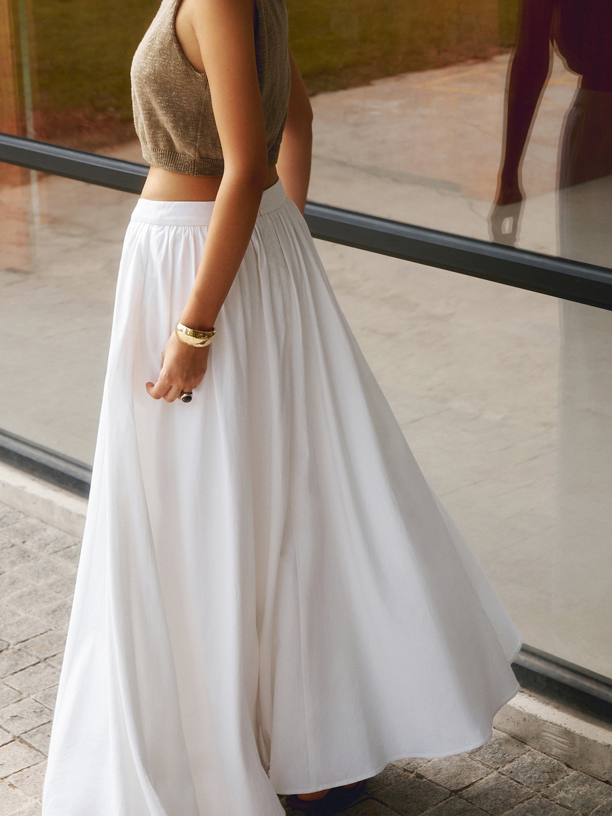 White Cotton Pleated Maxi Skirt – view 6