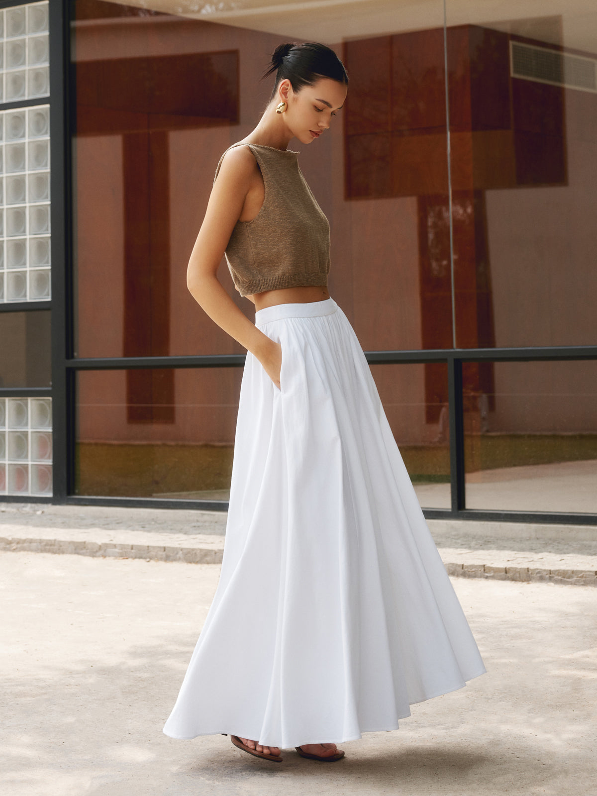 White Cotton Pleated Maxi Skirt