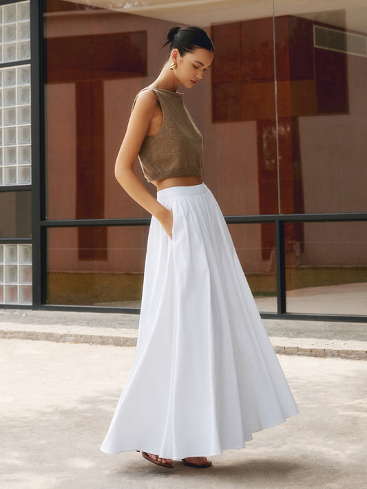 White Cotton Pleated Maxi Skirt