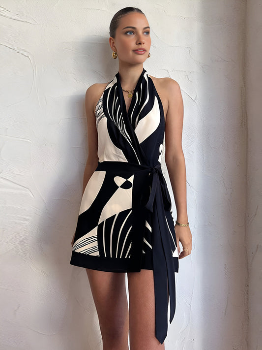 Black & White Print Belted Halter Mini Dress