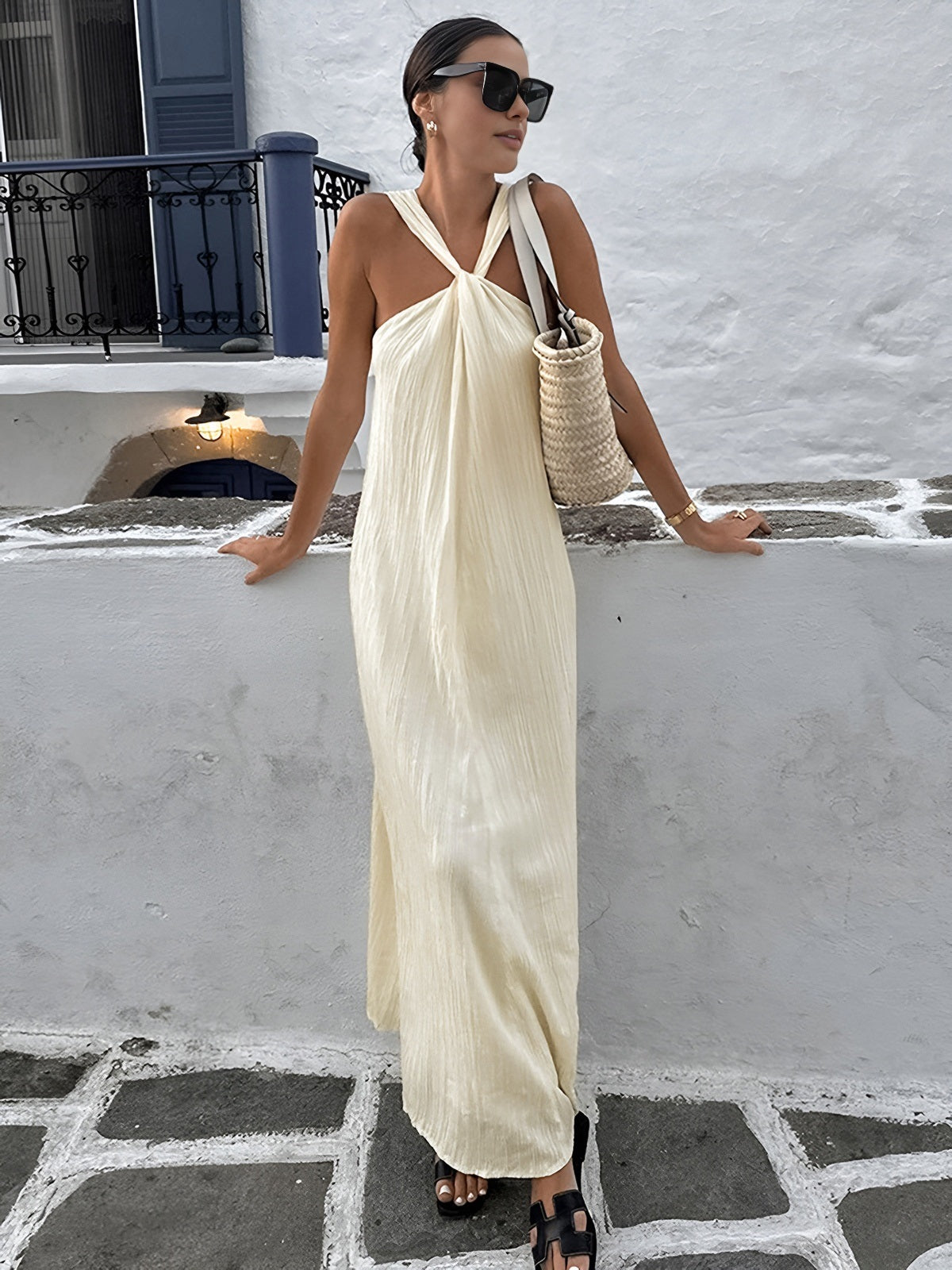 Off-White Cotton Halter Maxi Dress
