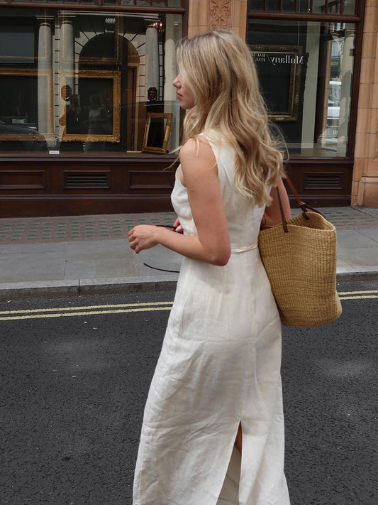White Linen Blend Sleeveless Midi Dress – view 2