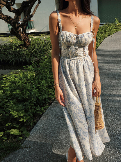 Blue & White Floral Cami Midi Dress