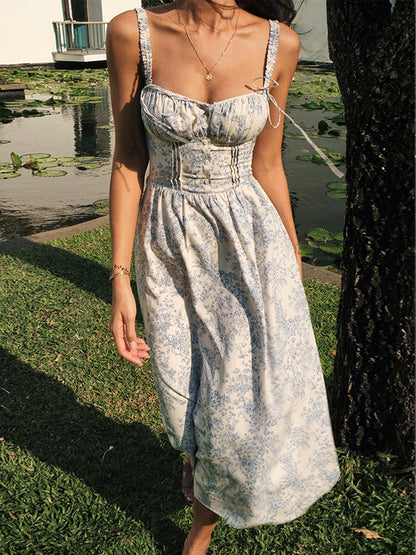 Blue & White Floral Cami Midi Dress – view 5