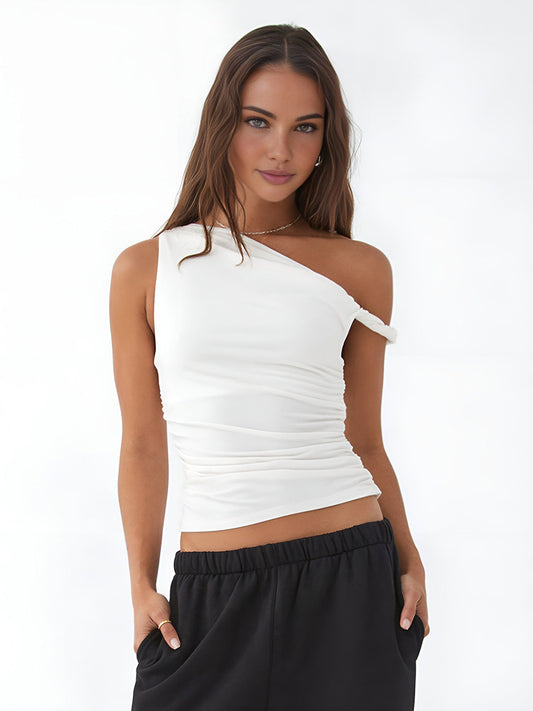 White Asymmetric Neck Crop Top – view 2