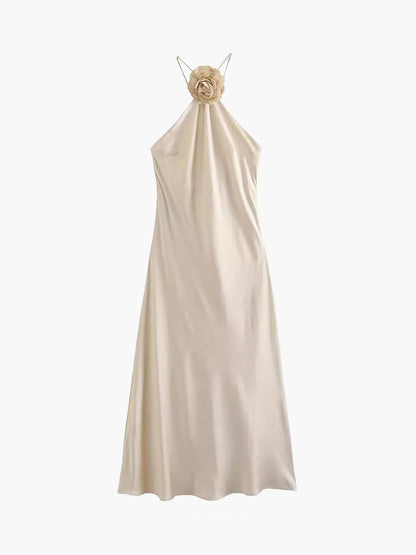 Apricot Satin Rosette Halter Maxi Dress – view 3