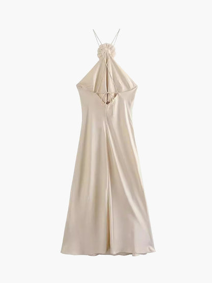 Apricot Satin Rosette Halter Maxi Dress – view 4