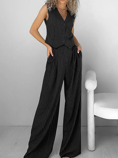 Black Striped Relaxed Suit Pants Set