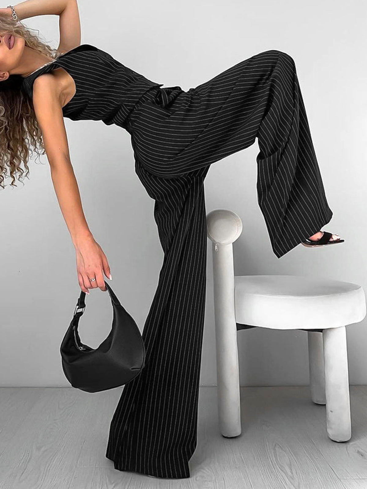 Black Striped Relaxed Suit Pants Set – view 3