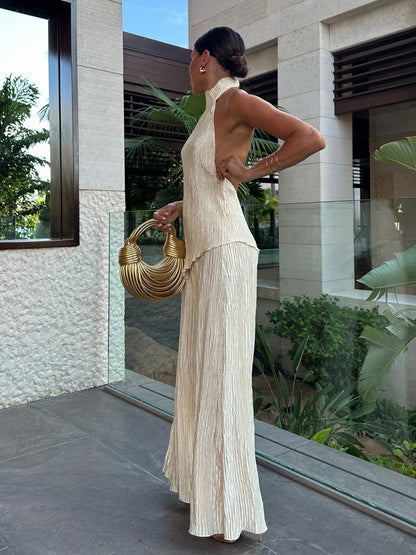 Satin Asymmetric Halter Top & Wide Leg Pants Set – view 4
