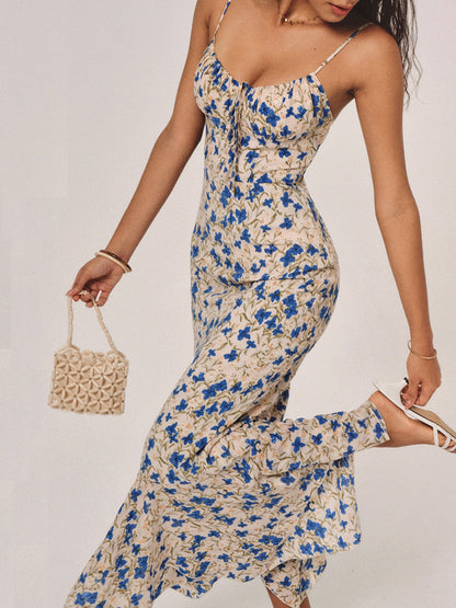 Blue Floral Knotted Asymmetric Hem Maxi Dress