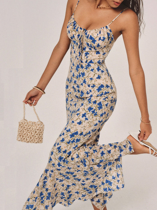 Blue Floral Knotted Asymmetric Hem Maxi Dress