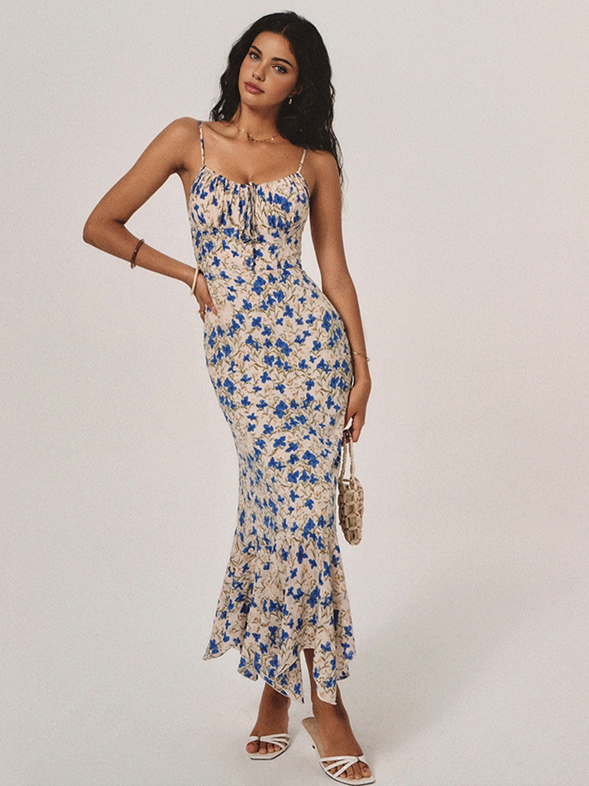 Blue Floral Knotted Asymmetric Hem Maxi Dress – view 3