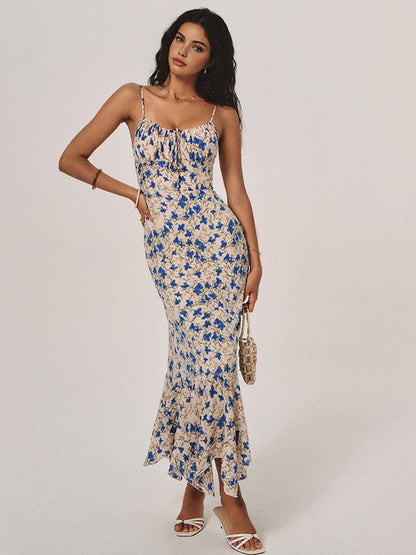 Blue Floral Knotted Asymmetric Hem Maxi Dress – view 3