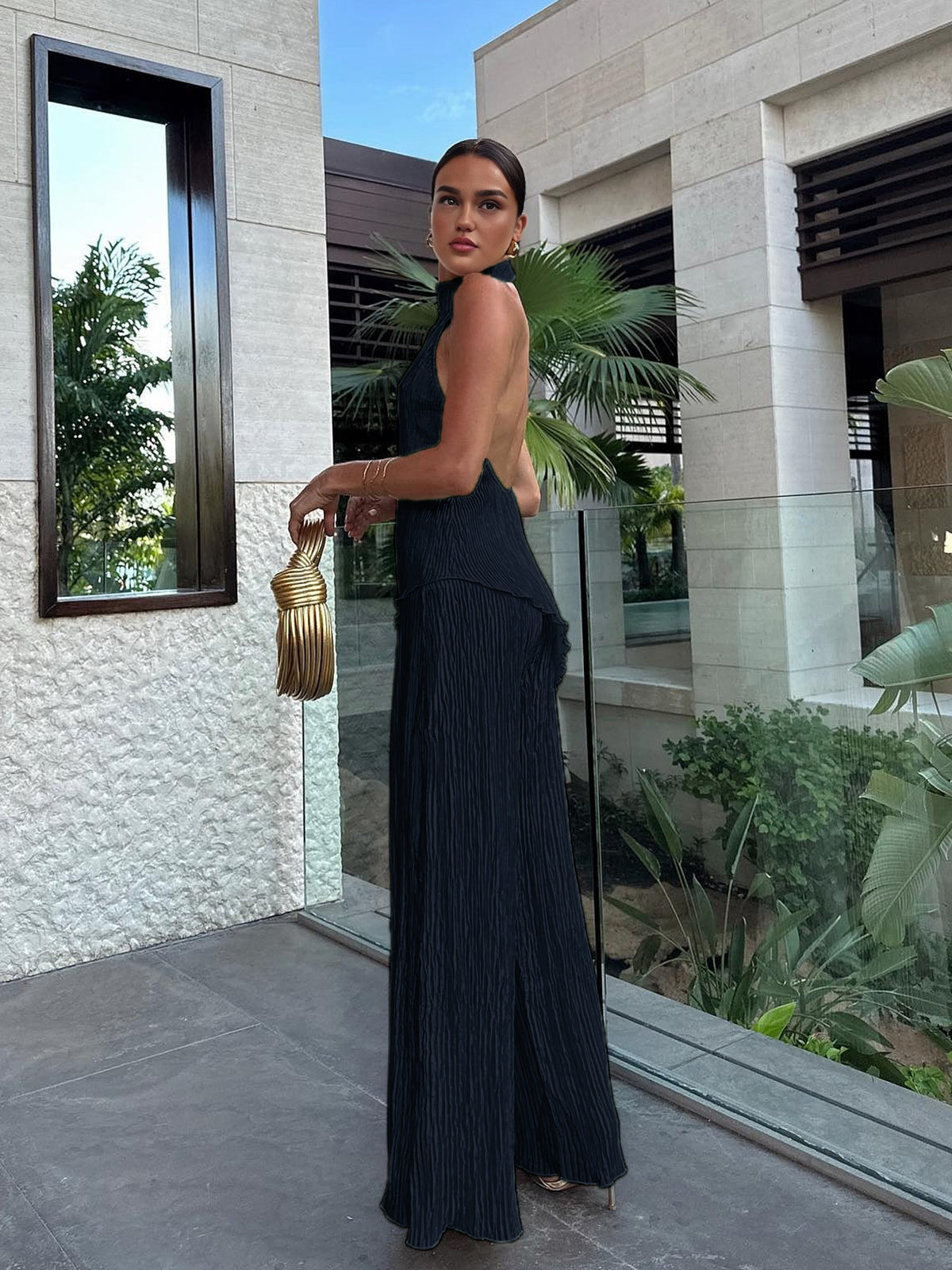 Satin Asymmetric Halter Top & Wide Leg Pants Set – view 13