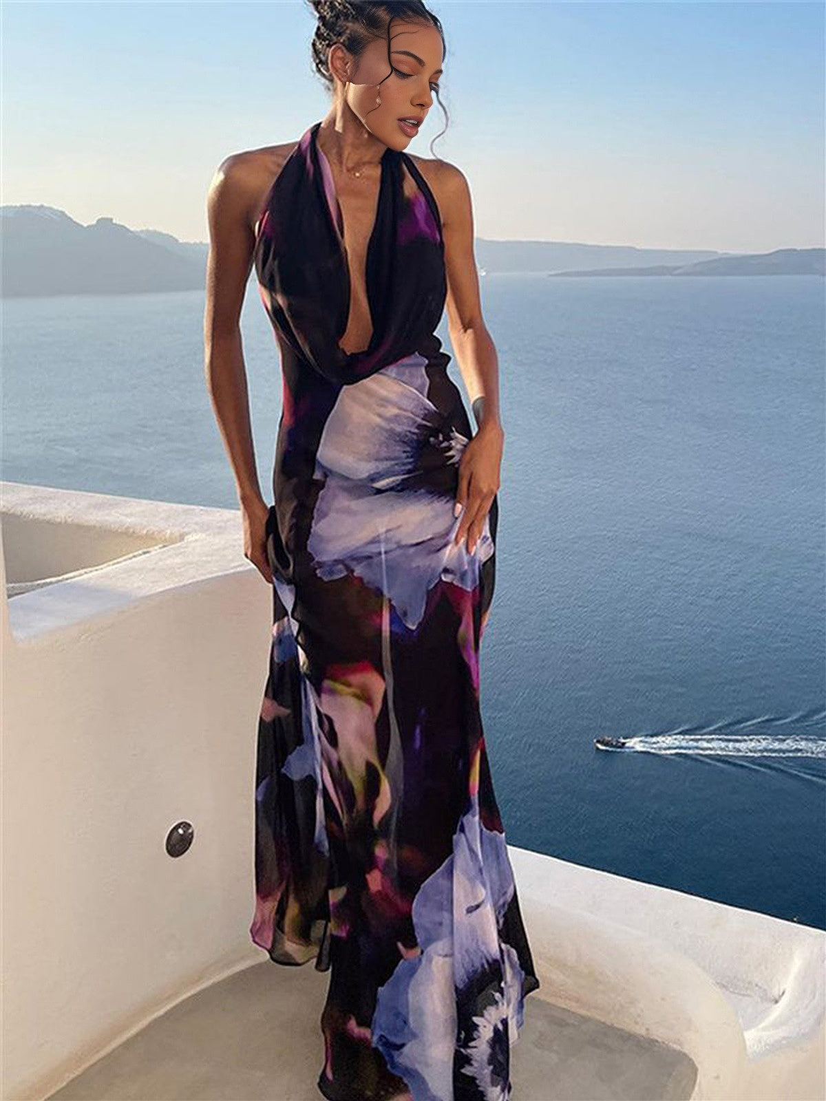 Black Semi-Sheer Print Backless Halter Maxi Dress