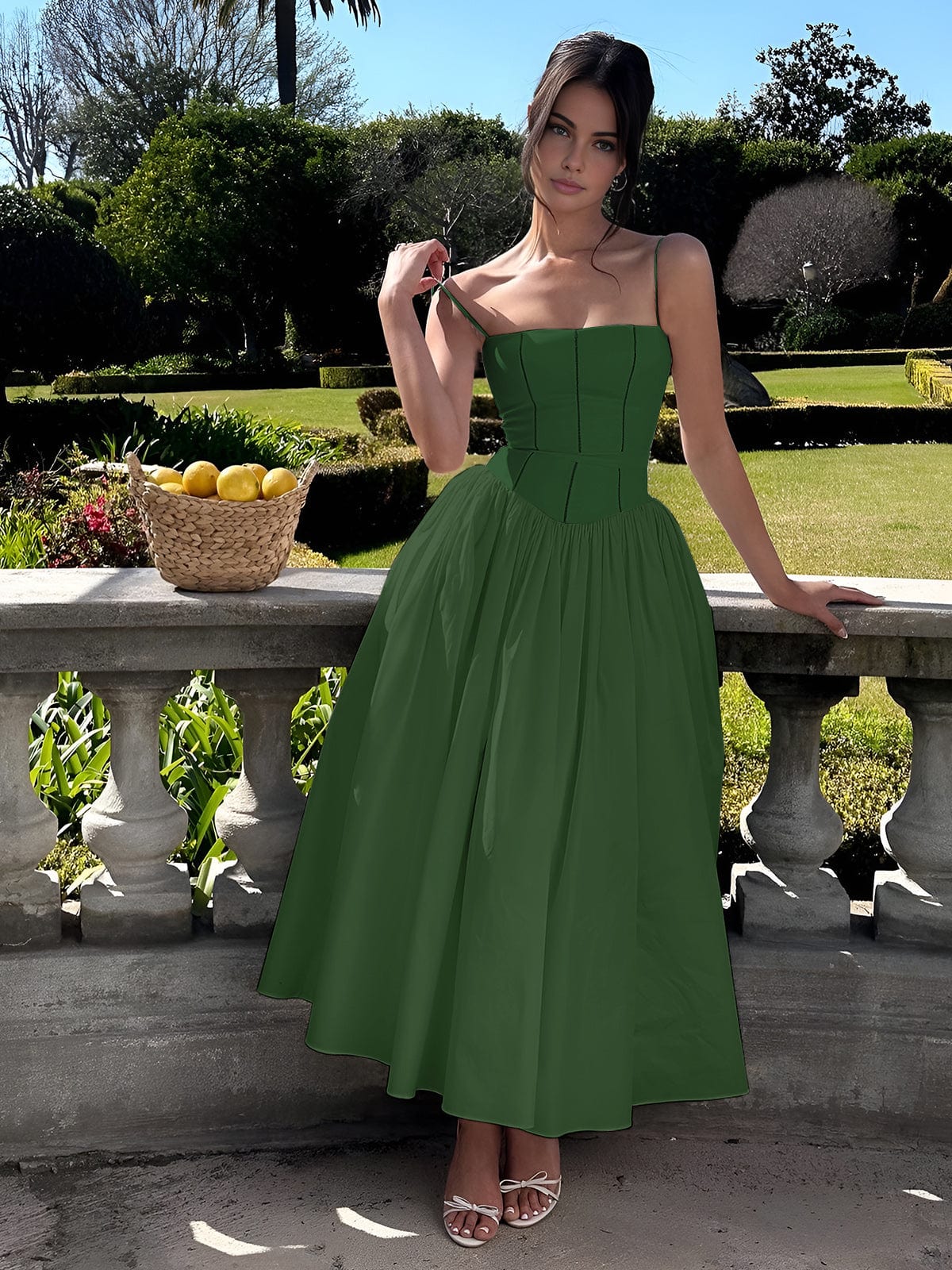 Green Corset Square Neck Midi Dress – lifestyle shot in a garden