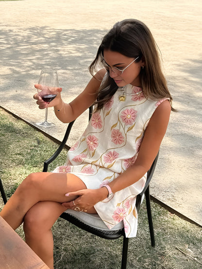 White Printed Linen Blend Mini Dress