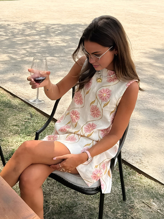 White Printed Linen Blend Mini Dress