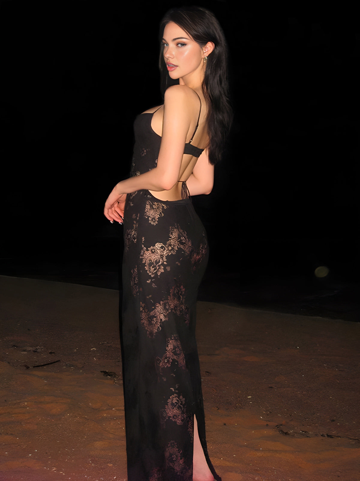 Black Floral Lace Cami Maxi Dress