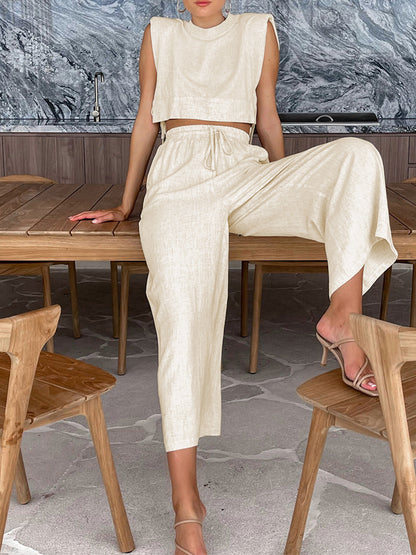 Beige Linen Blend Crop Top & Wide Leg Pants Set – view 3