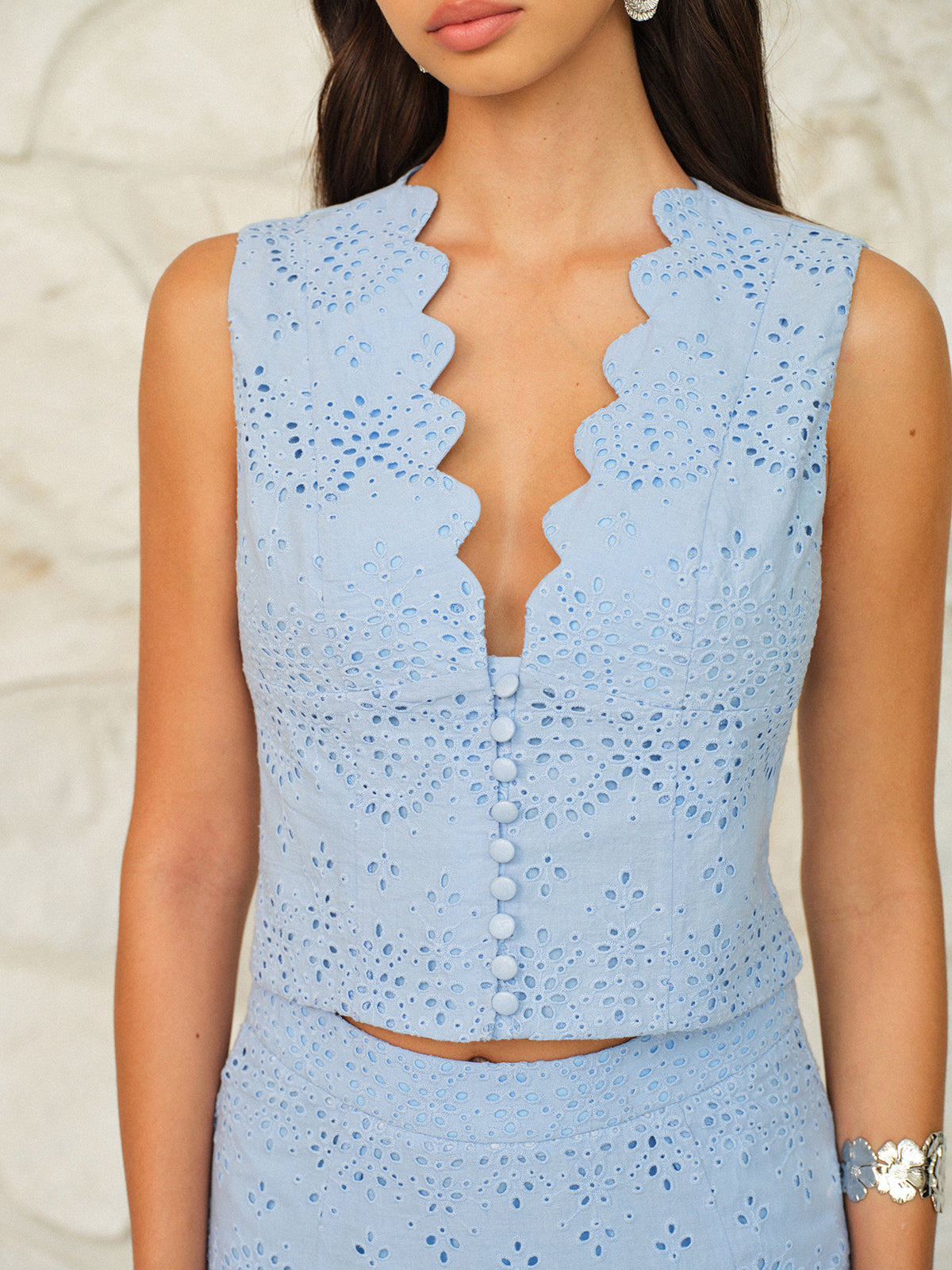 Scalloped Neckline Button-Front Eyelet Top – view 3