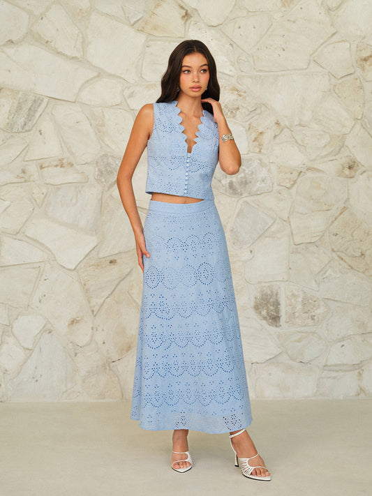 Scalloped Neckline Button-Front Eyelet Top – view 2