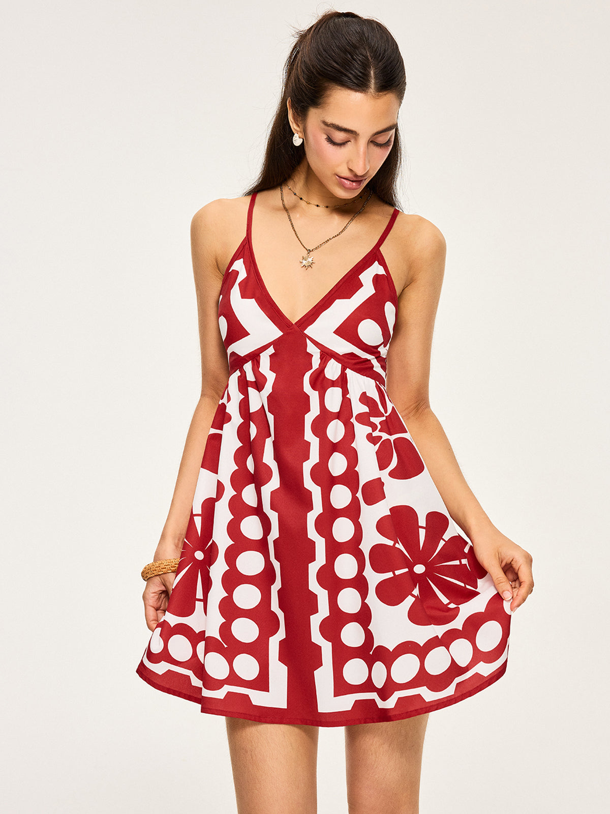 Red Floral Print Spaghetti Strap Mini Dress
