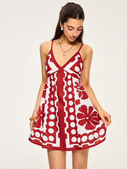 Red Floral Print Spaghetti Strap Mini Dress