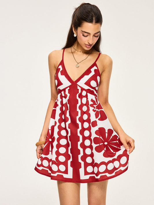 Red Floral Print Spaghetti Strap Mini Dress