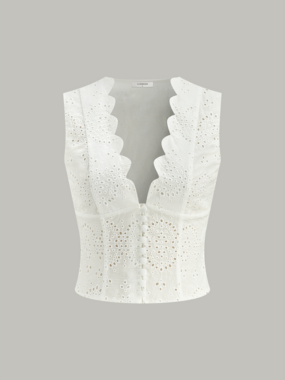 Scalloped Neckline Button-Front Eyelet Top – view 9