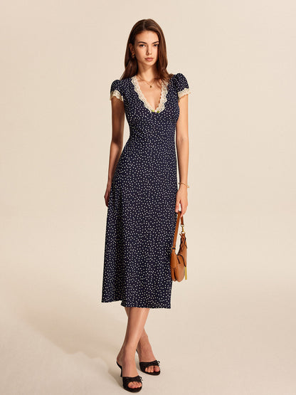 Blue Polka Dot Lace Trim Maxi Dress – view 2