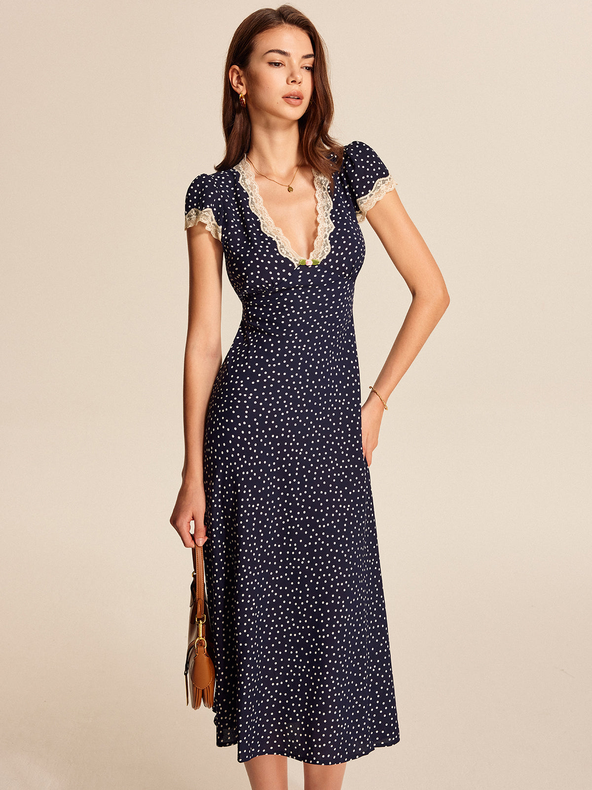 Blue Polka Dot Lace Trim Maxi Dress – view 3