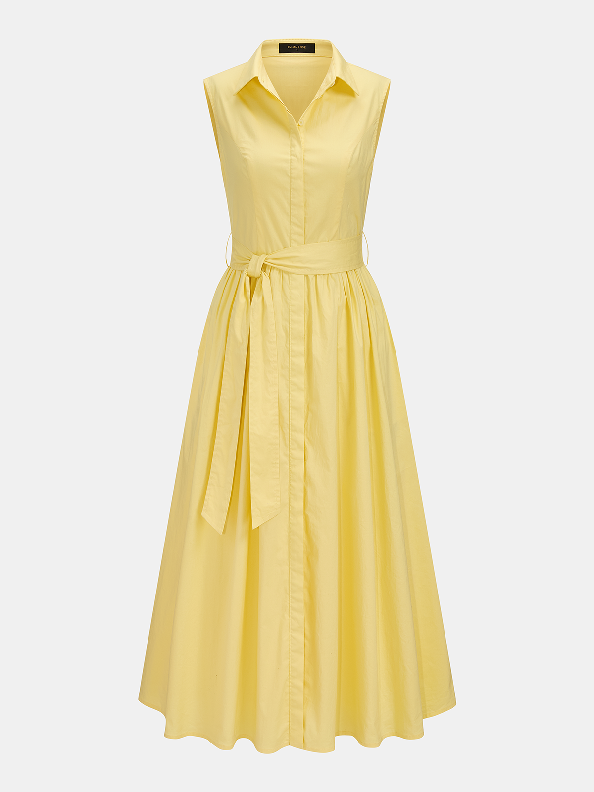 Yellow Sleeveless Belted Midi Shirt Dress with Pockets – view 2