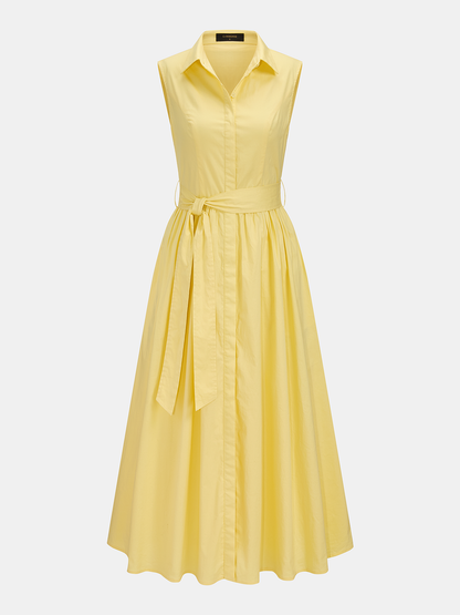 Yellow Sleeveless Belted Midi Shirt Dress with Pockets – view 2