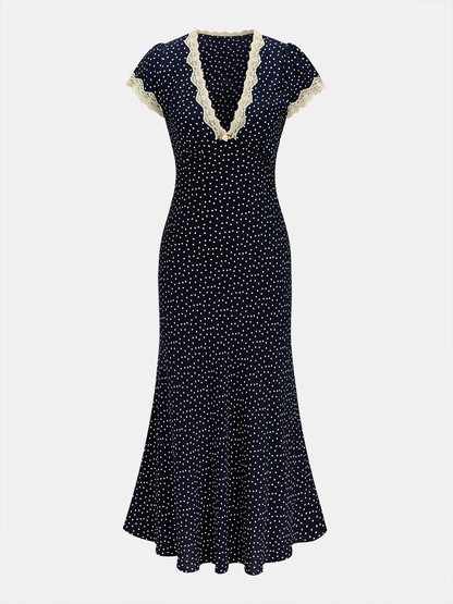 Blue Polka Dot Lace Trim Maxi Dress – view 7