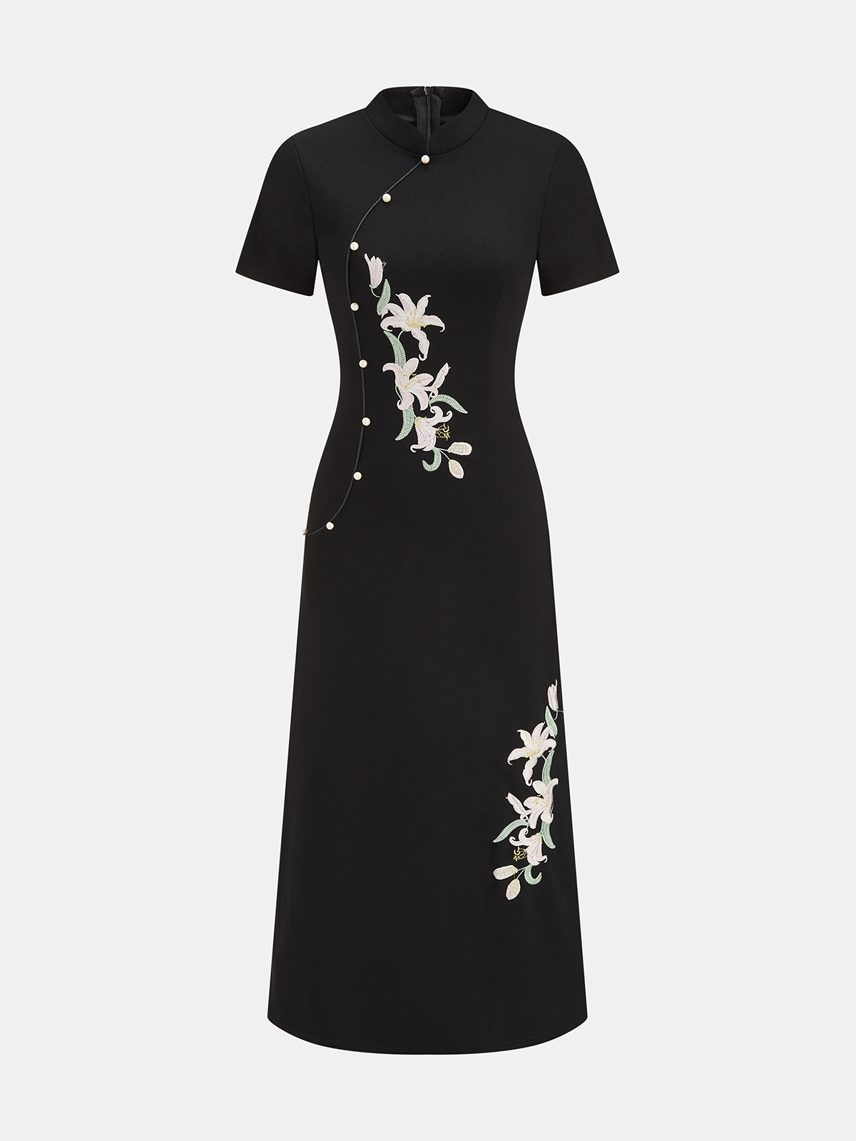 Black Floral Embroidered Cheongsam Maxi Dress – view 2