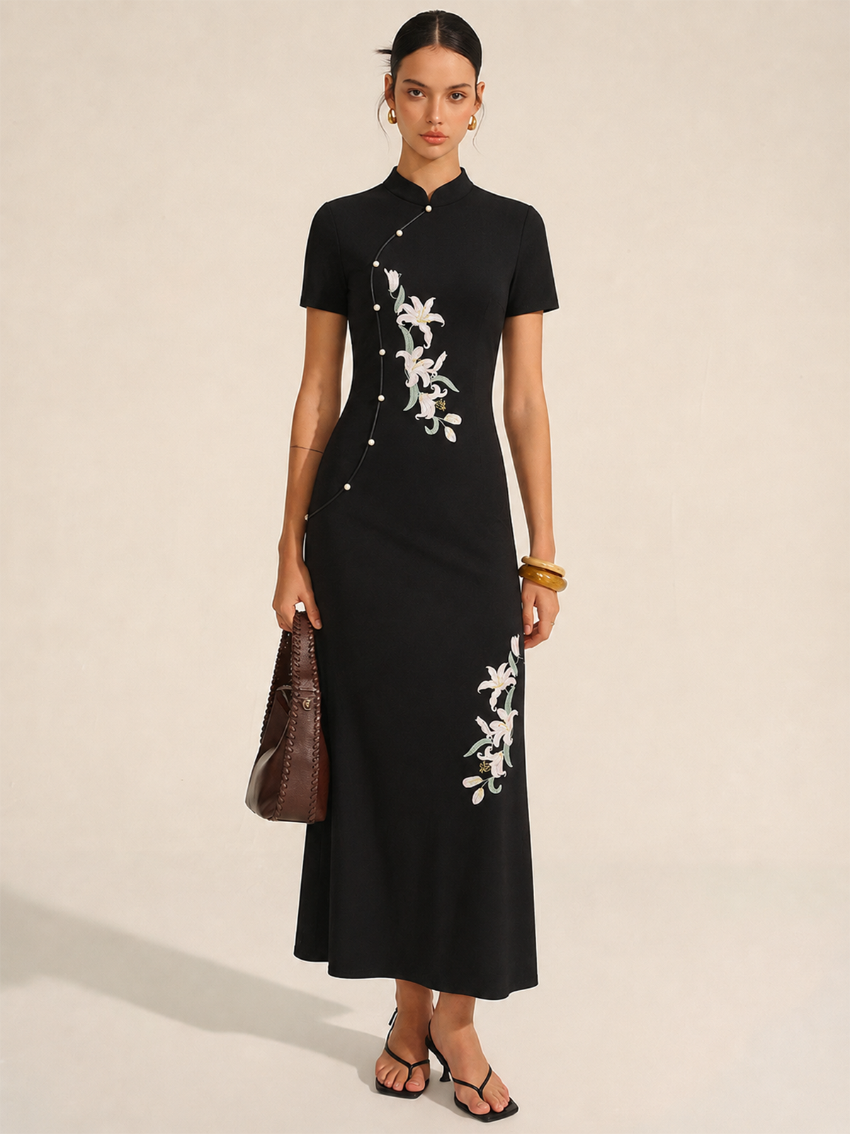 Black Floral Embroidered Cheongsam Maxi Dress