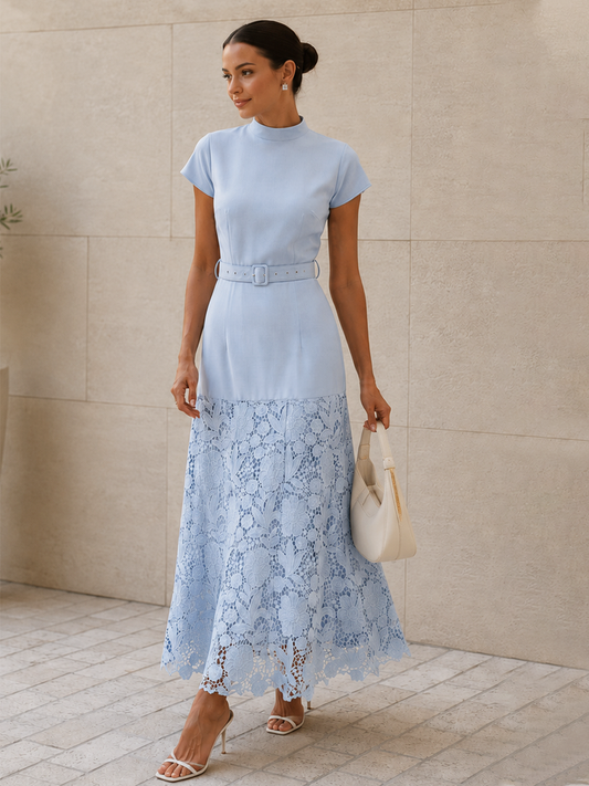 Aqua Belted Short Sleeve Lace Hem Midi Dress
