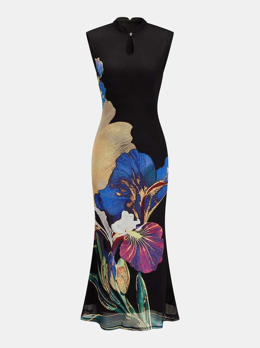 Black Iris Floral Mesh Maxi Dress