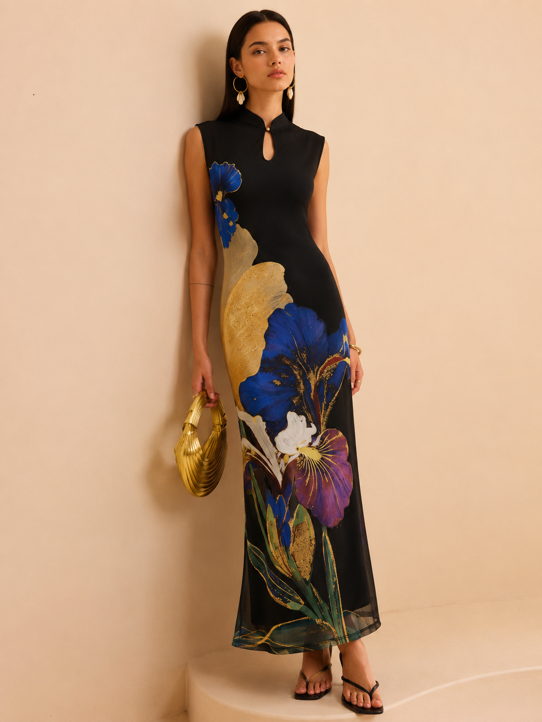 Black Iris Floral Mesh Maxi Dress – view 3