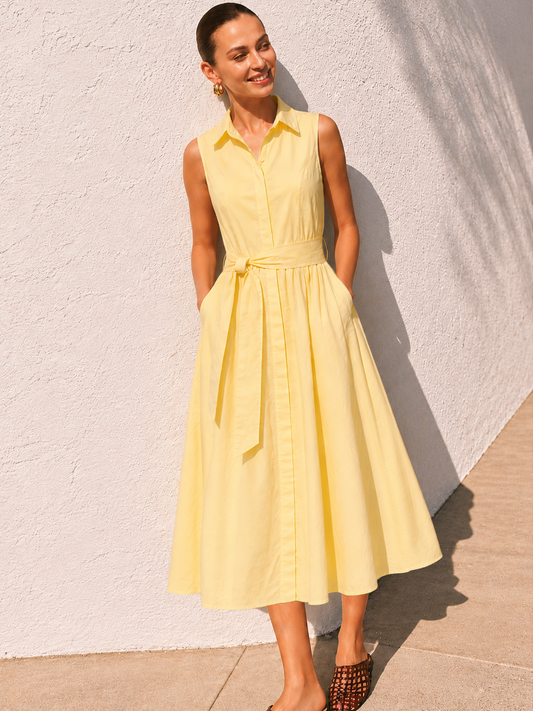 Yellow Sleeveless Belted Midi Shirt Dress with Pockets