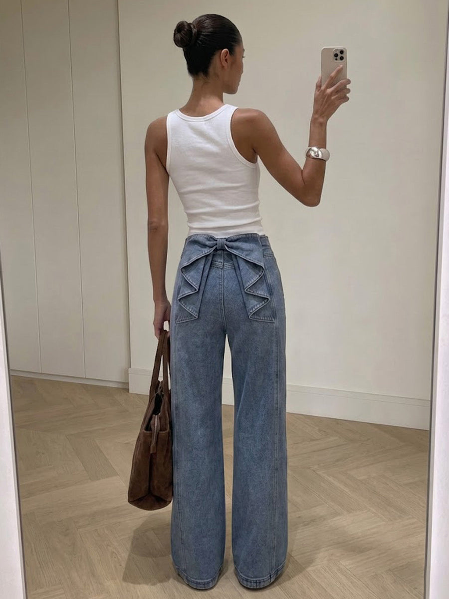 Blue Bow Back High Waist Wide Leg Jeans