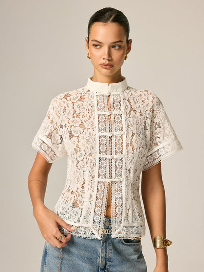 White Frog Button Lace Short Sleeve Top – view 4
