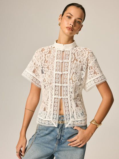 White Frog Button Lace Short Sleeve Top – view 2