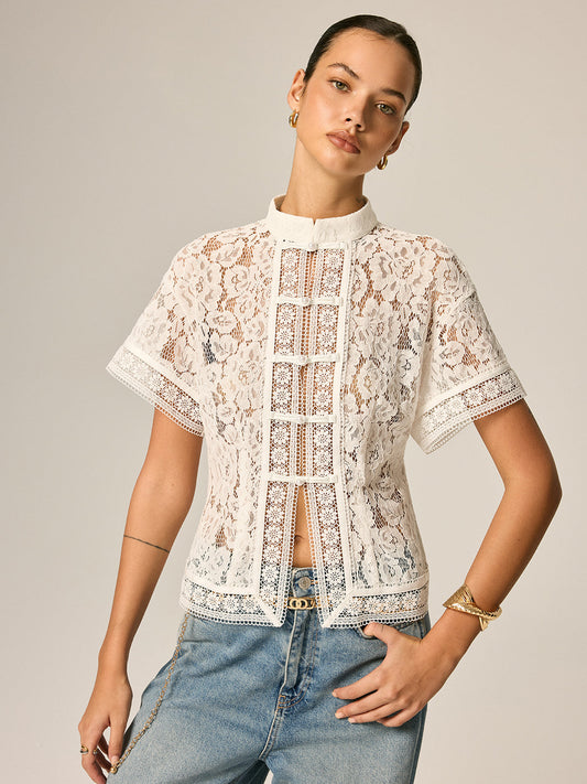 White Frog Button Lace Short Sleeve Top – view 2