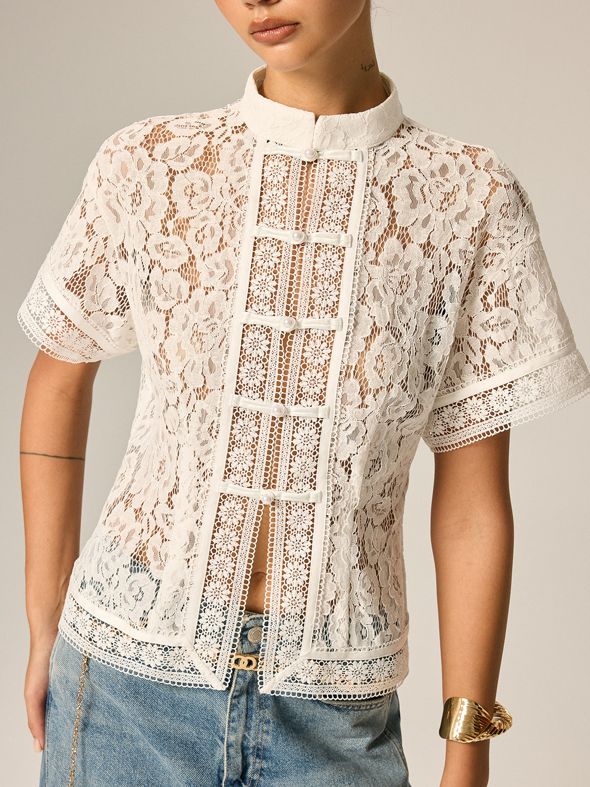White Frog Button Lace Short Sleeve Top – view 3