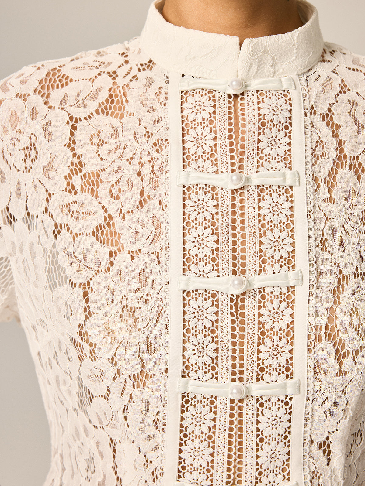 White Frog Button Lace Short Sleeve Top – view 7