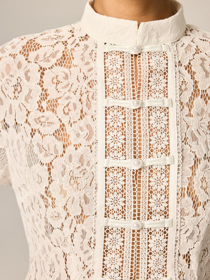 White Frog Button Lace Short Sleeve Top – view 7