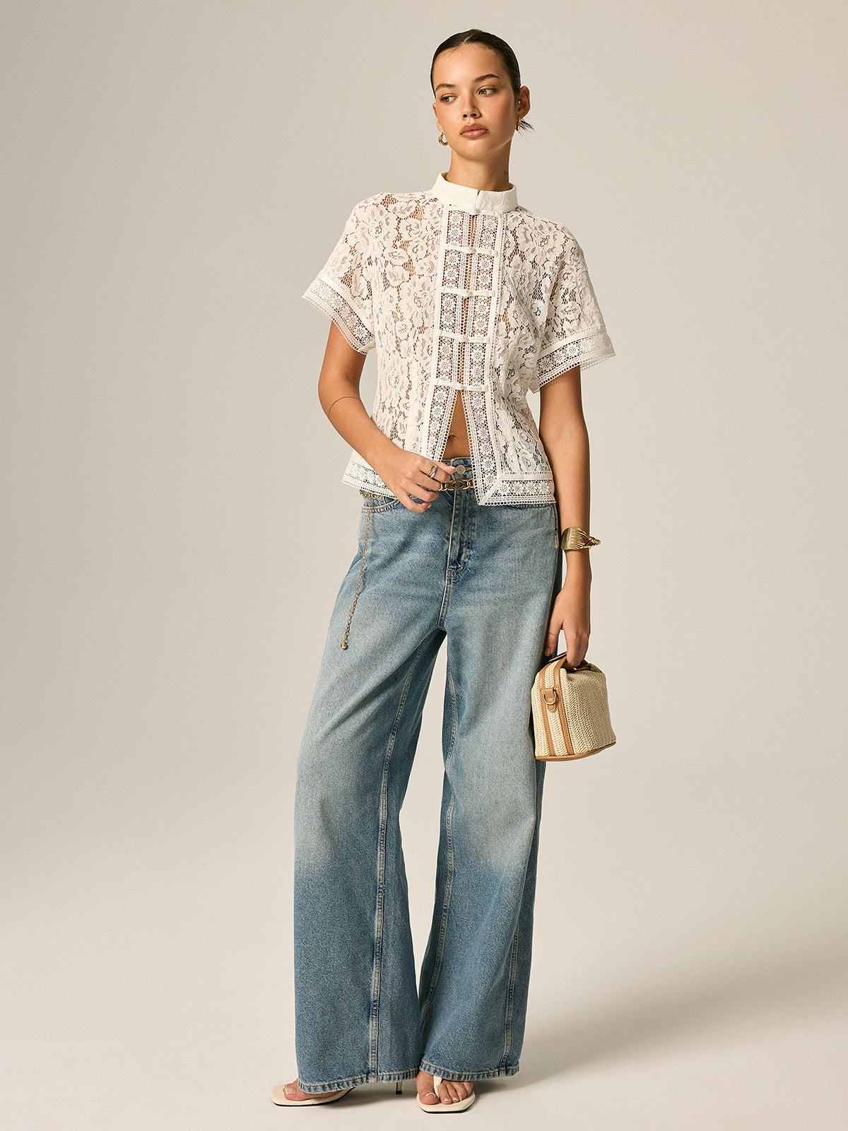 White Frog Button Lace Short Sleeve Top – view 5